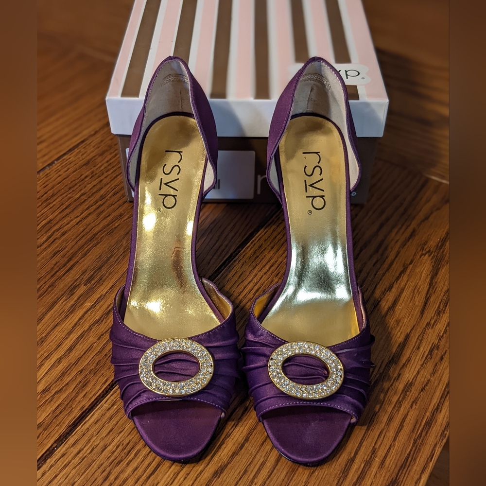 Purple and gold satin open toe pumps sz 8.5